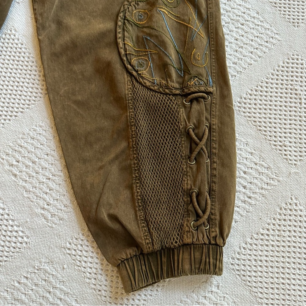 Y2K Gorpcore Utility Pants-Embroidered Patchwork Mesh Pockets-Earthy Brown-M - Picture 6 of 12